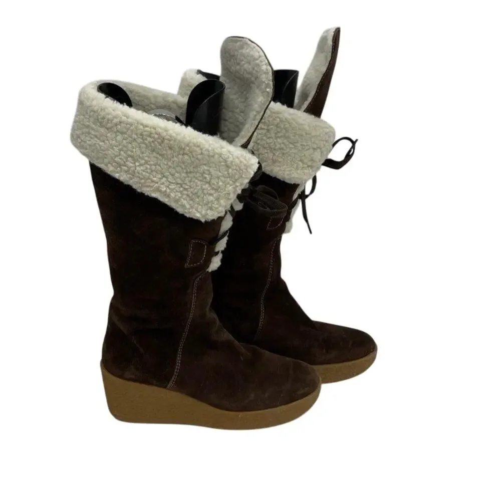 Michael Kors Suede Shearling Wedge Boots Brown Sz 7 NWT Cond